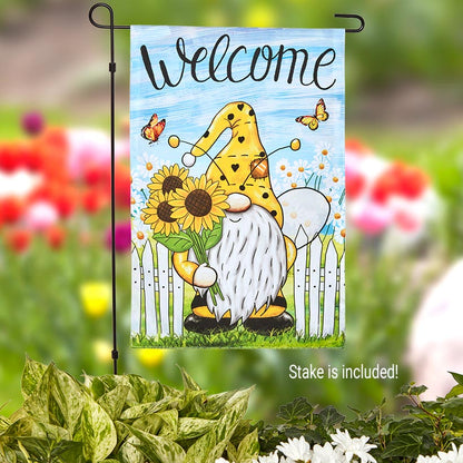 Bee Gnome Welcome Garden Flag with Metal Pole
