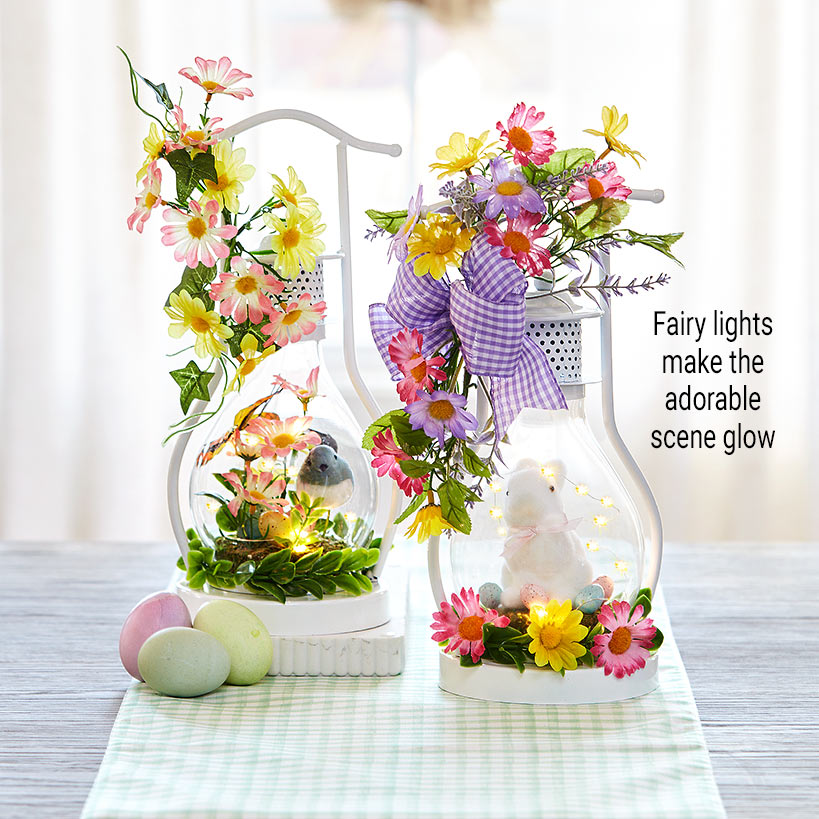 Spring Themed Lighted Lanterns With Flowers - Bird or Bunny
