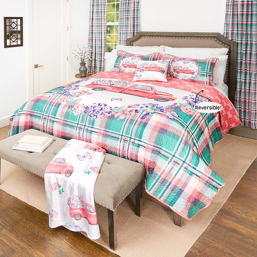 Spring Truck Reversible Full/Queen or King Quilt, Decorative Pillow