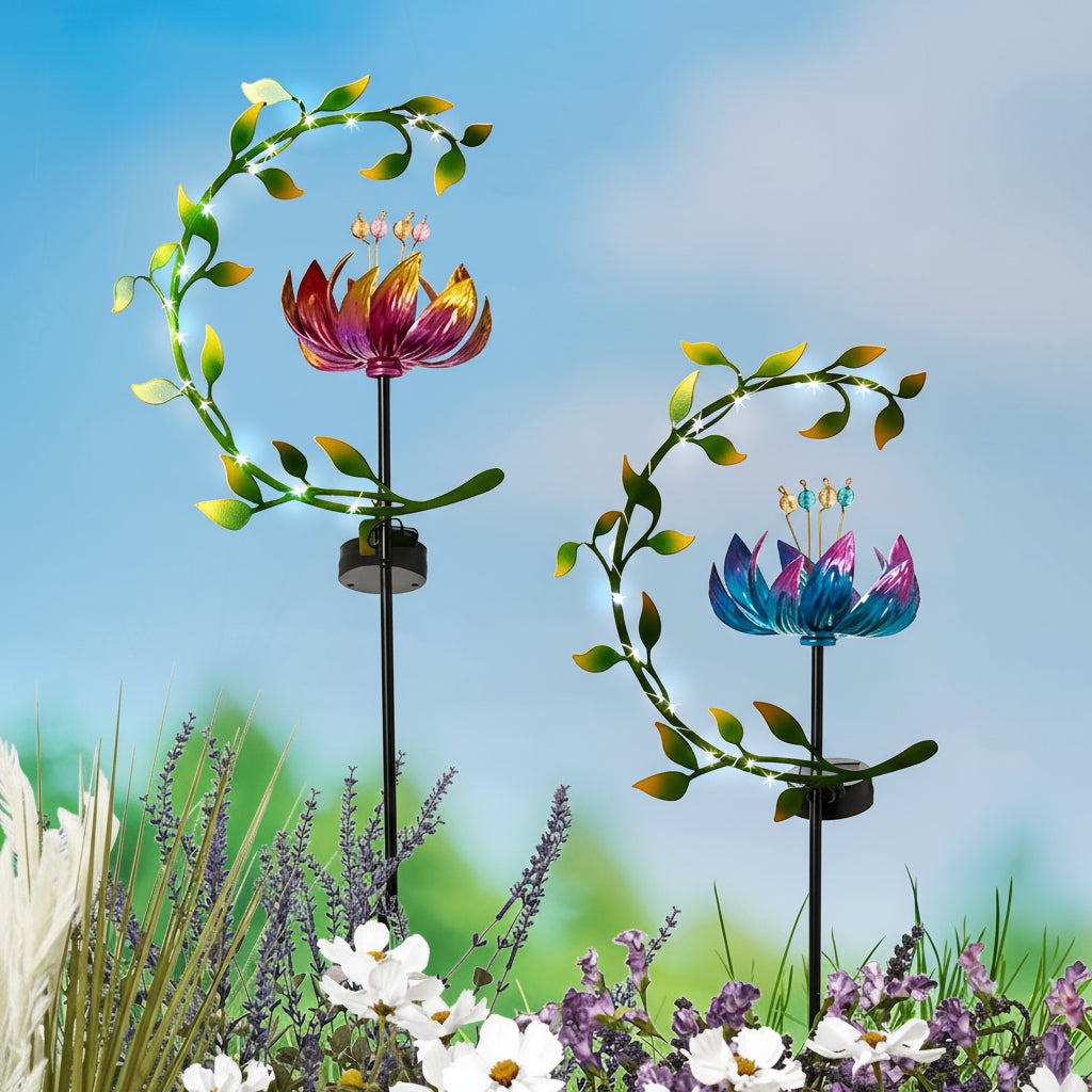 Solar Flower and Leaves Wind Spinner Garden Stake Red or Blue