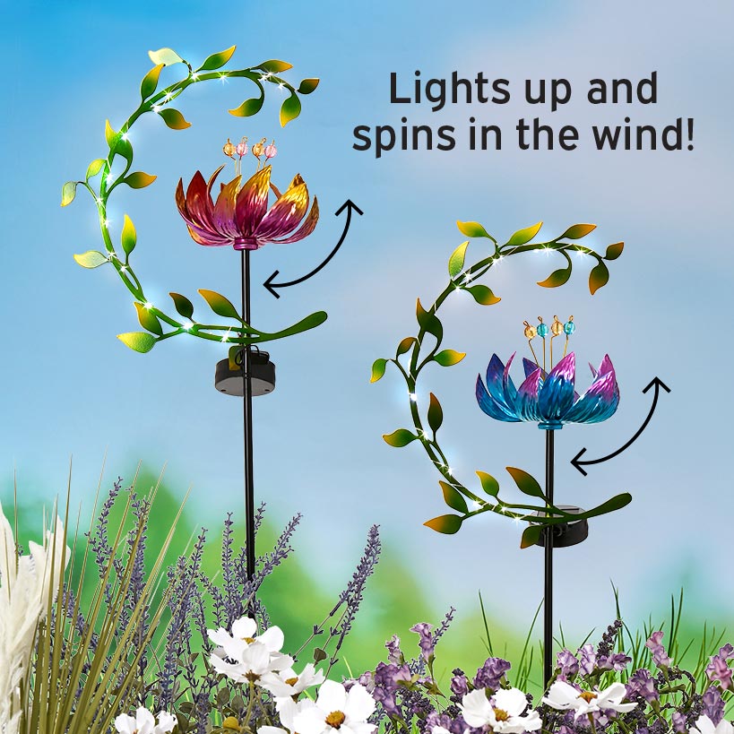 Solar Flower and Leaves Wind Spinner Garden Stake Red or Blue