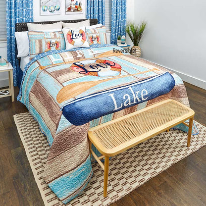 Life Love Lake Reversible Full/Queen or King Quilt, Sham, Decorative Pillow