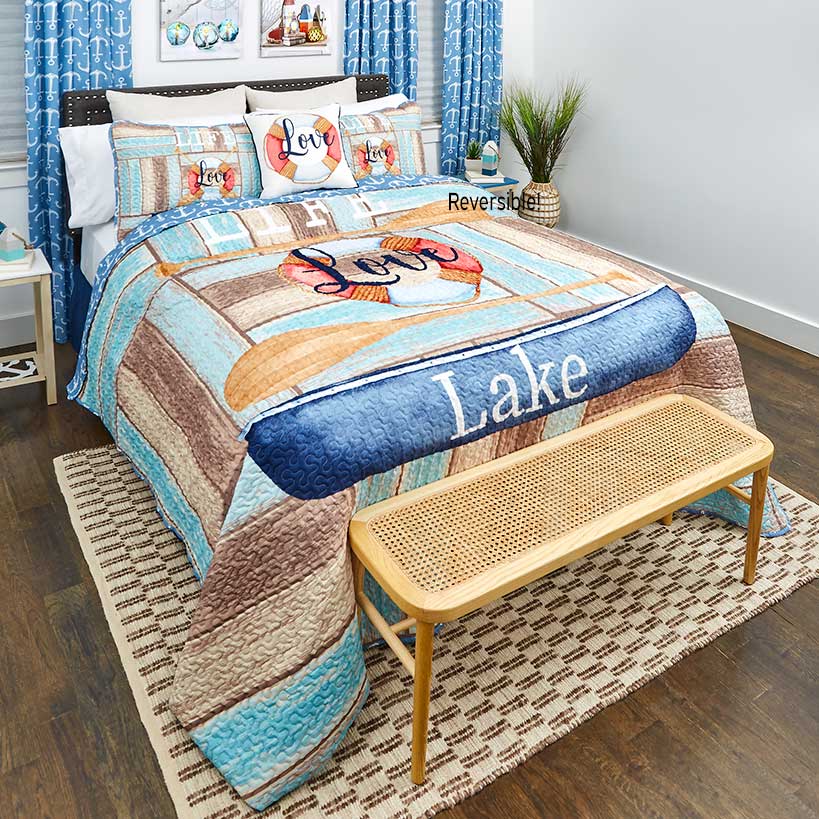Life Love Lake Reversible Full/Queen or King Quilt, Sham, Decorative Pillow