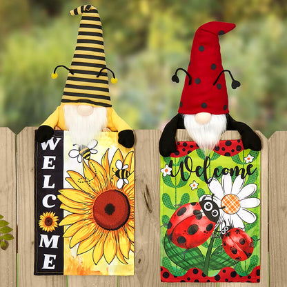 Welcome Fence Flags Ladybug Gnome and Bee Gnome Decorations