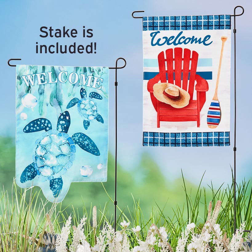 Nature-Themed Welcome Garden Flag With Stake – Turtle or Beach Chair