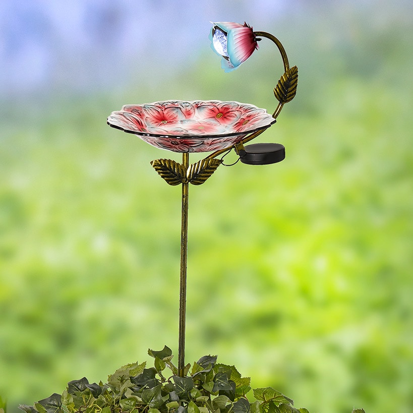Glass Birdbath with Metal Stake – Red Flower Design