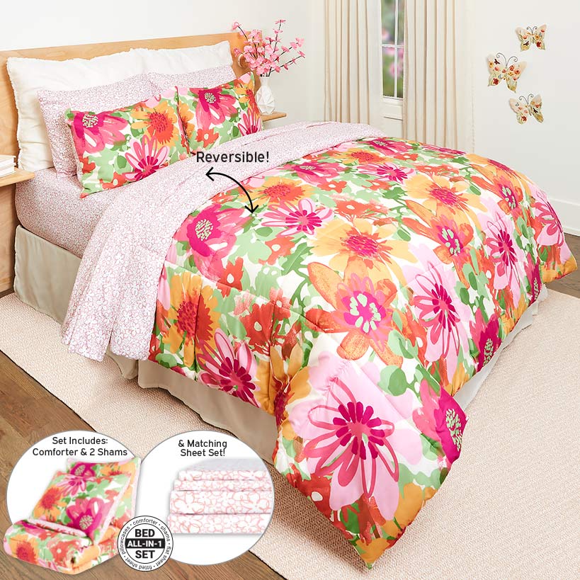 Summer Floral Reversible Queen or King Complete Comforter Set