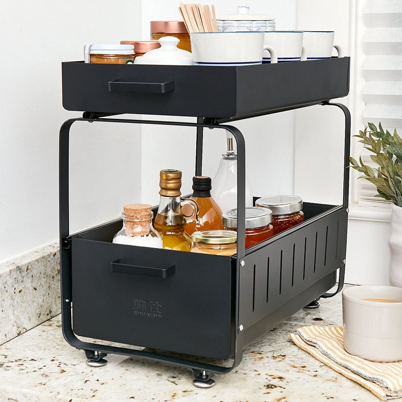 Under Sink Organizer Sliding Rack in Black - 2-Tier