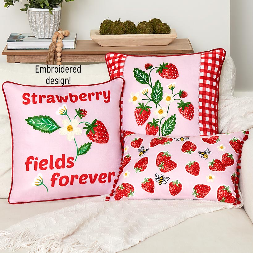 Strawberry Garden Embroidered Decorative Pillow