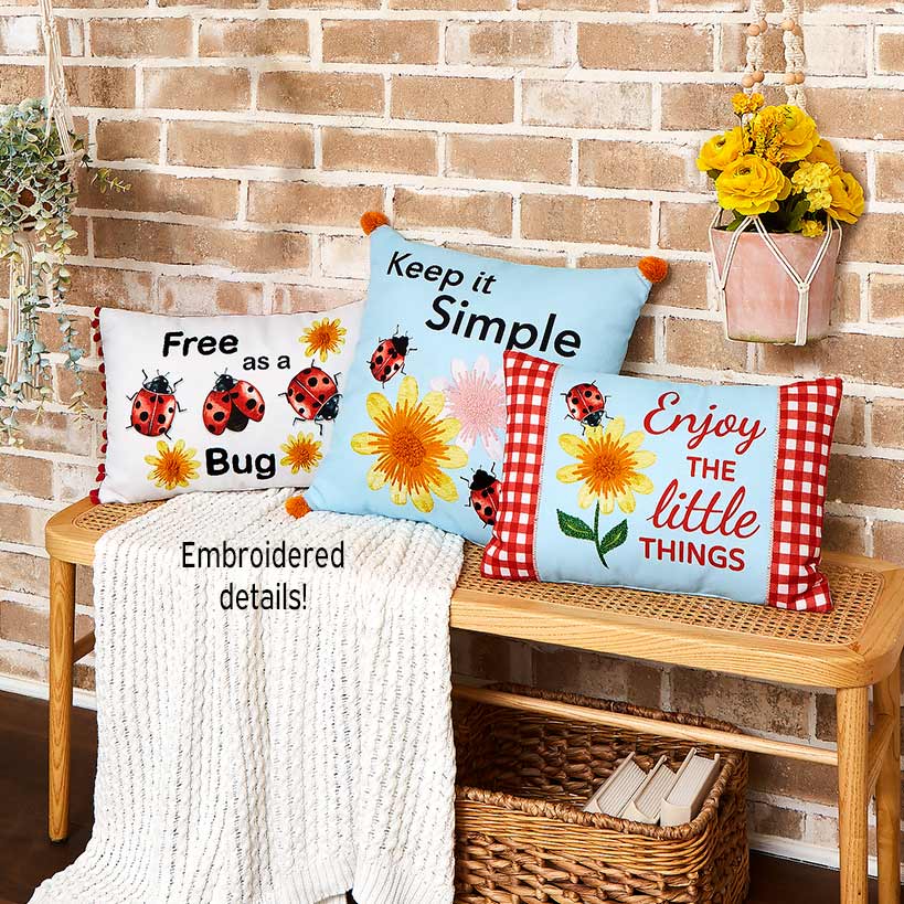 Ladybug Embroidered Decorative Pillow