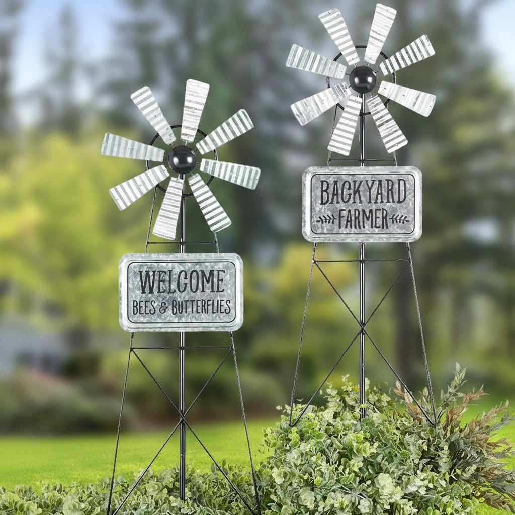 Wind Spinner Stake 32 Inch Height With Welcome or Backyard Farmer Sign