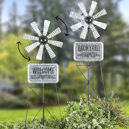 Wind Spinner Stake 32 Inch Height With Welcome or Backyard Farmer Sign