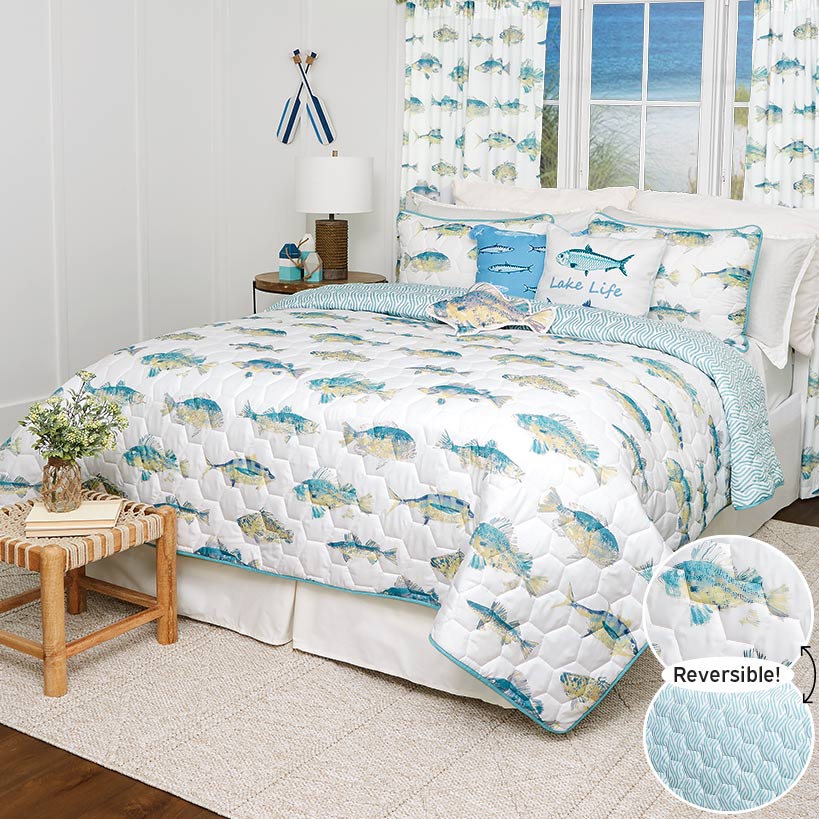 Tisa Fish Reversible Full/Queen or King Quilt, Sham, or Decorative Pillow