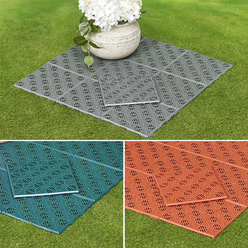 Interlocking Walkway Patio Tiles In Green, Grey or Terra Cotta - Set of 10