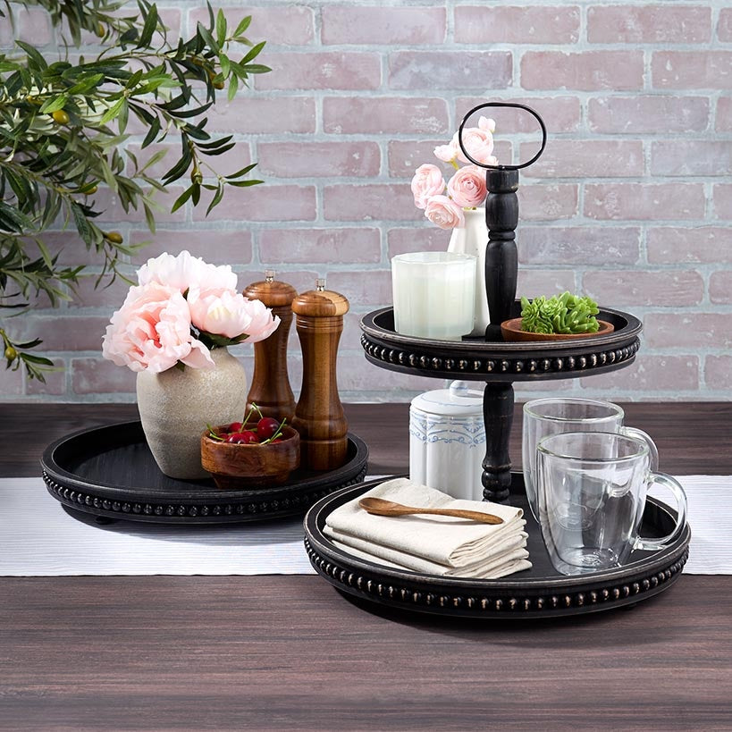 Beaded Wood Round Serving Trays