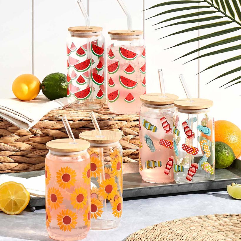 Glass Tumbler with Bamboo Lid and Straw - Set of 2 - 16oz