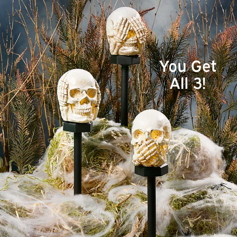 Halloween Hear, See and Speak No Evil Skull Solar Stakes - Set of 3