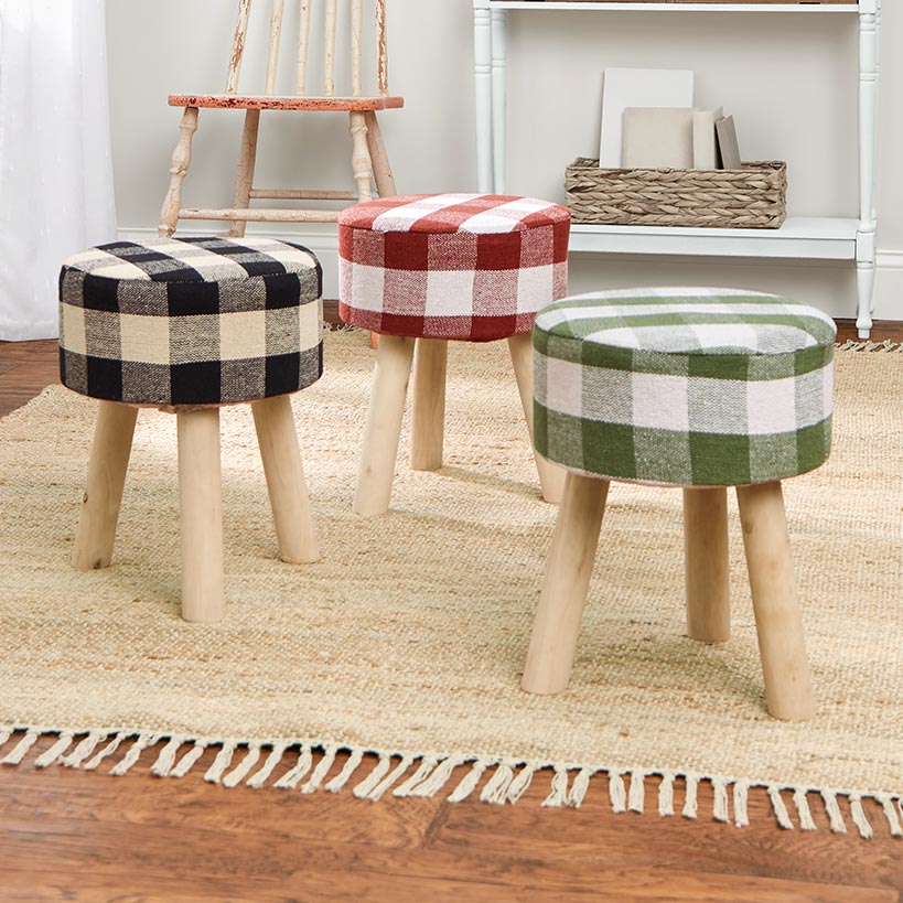 Buffalo Check Round Footstool Ottoman with Wood Legs - 16"H