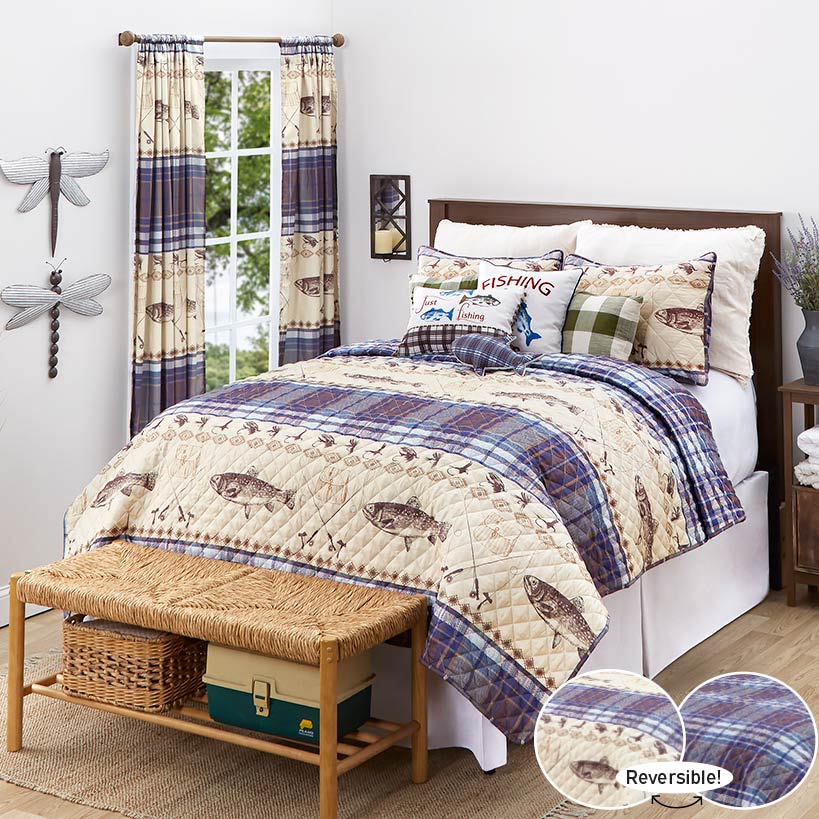 Fly Fishing Reversible Full/Queen or King Quilt, Sham, or Decorative Pillow