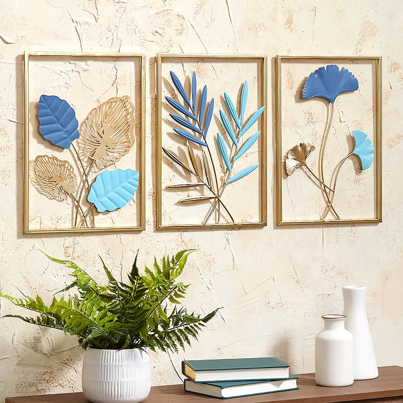 Metal Blue Leaf Wall Art Trio Set