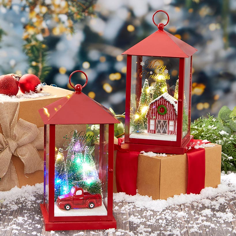 Lighted Christmas Lantern with Holiday Scene