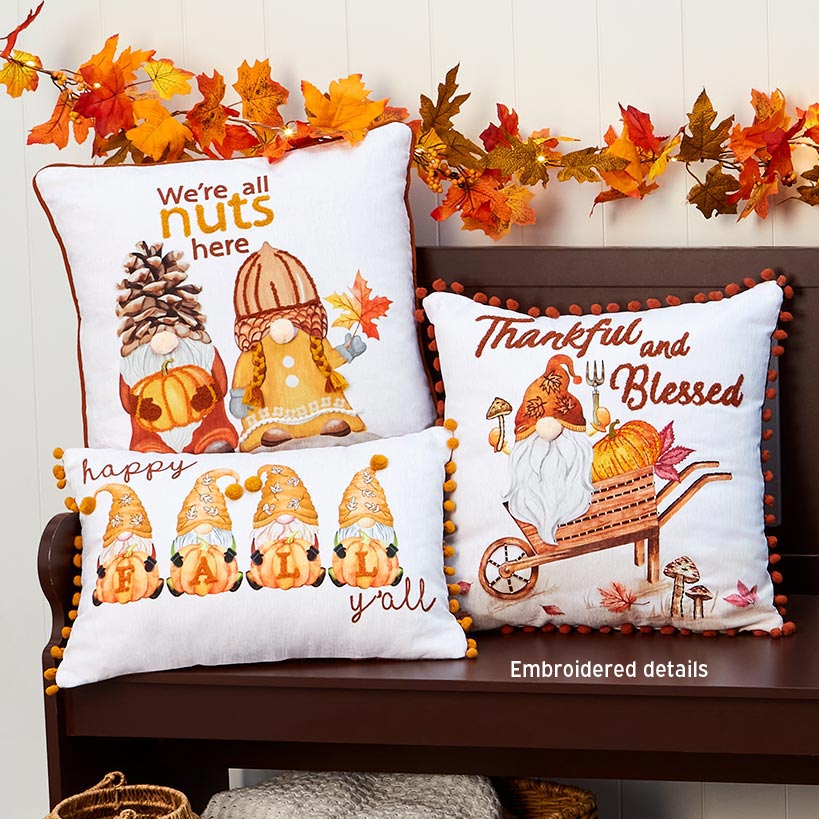 Thankful Gnomes Embroidered Accent Pillows