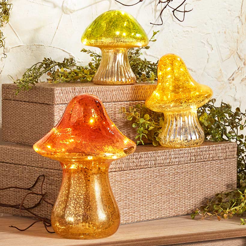 Fall Lighted Glass Mushrooms - Green, Yellow or Orange