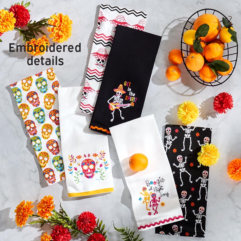 Halloween Skeletons Embroidered Kitchen Towels, Set of 2