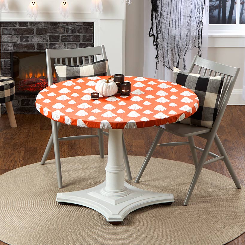 Round Custom Fitted Vinyl Tablecloth with Flannel Backing Halloween