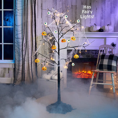 Decorated Web-Covered Halloween Tree