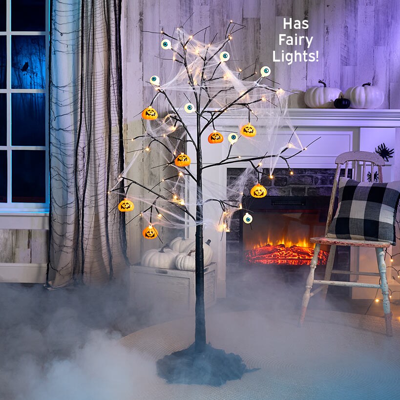 Decorated Web-Covered Halloween Tree