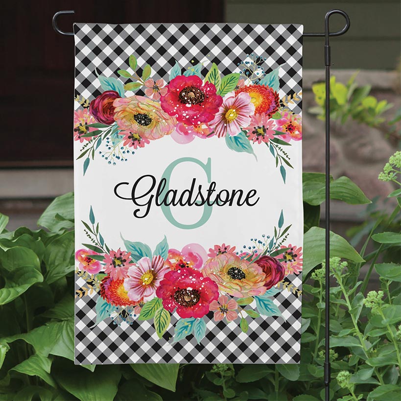 Personalized Gingham and Floral Garden Flag