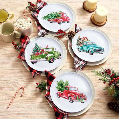 Set of 4 Festive Holiday Truck Melamine Plates