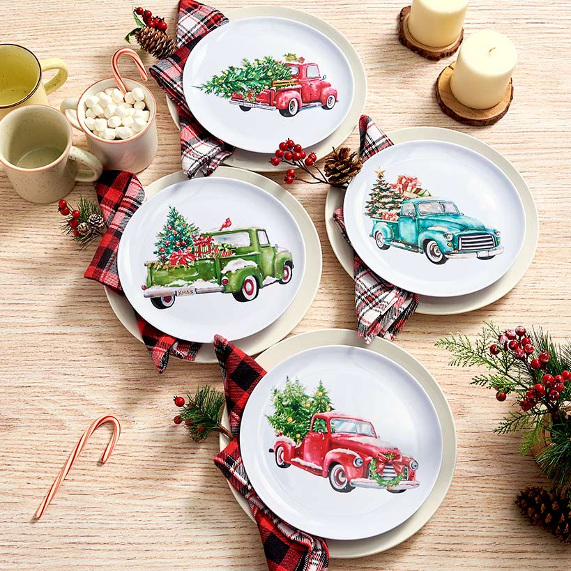 Set of 4 Festive Holiday Truck Melamine Plates