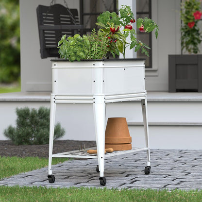 Modern Farmhouse Elevated Garden Planter with Wheels and Storage Shelf