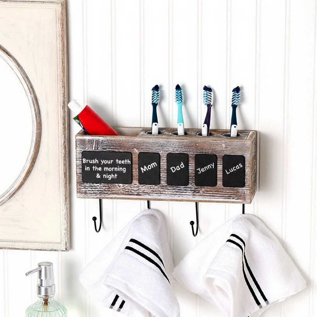 Bathroom Wooden Toothbrush Holder with Chalkbaord Labels