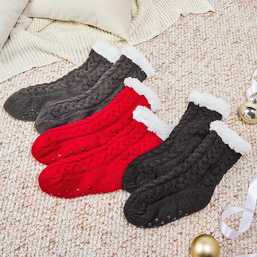 Women's Fleece-Lined Knitted Slipper Socks with Grippers
