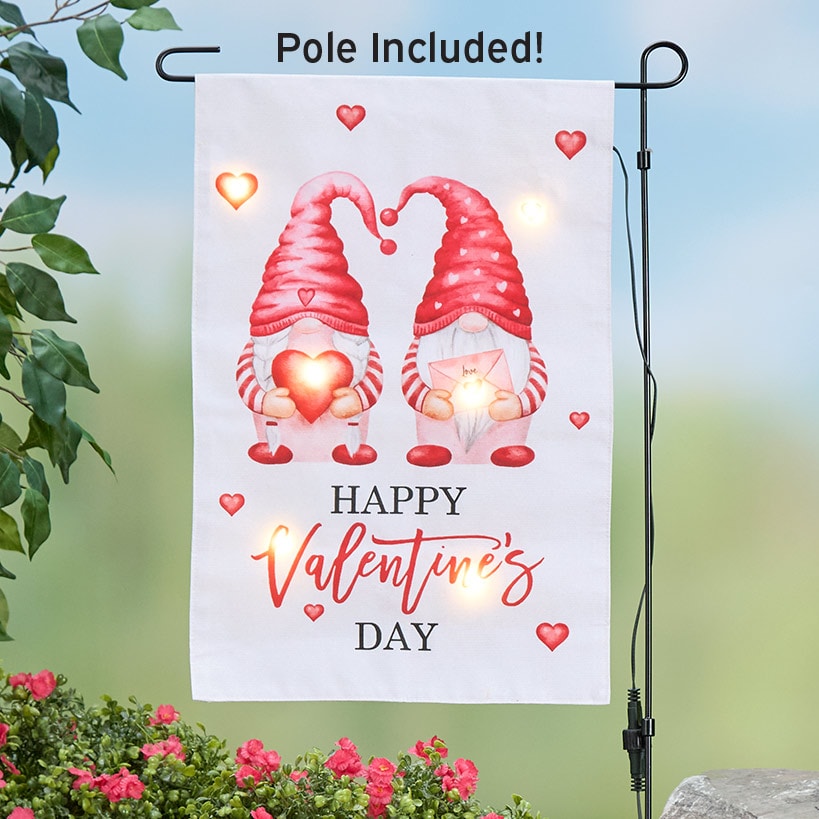 Valentine's Gnome Flag with Hearts and Pole Stake Solar LED