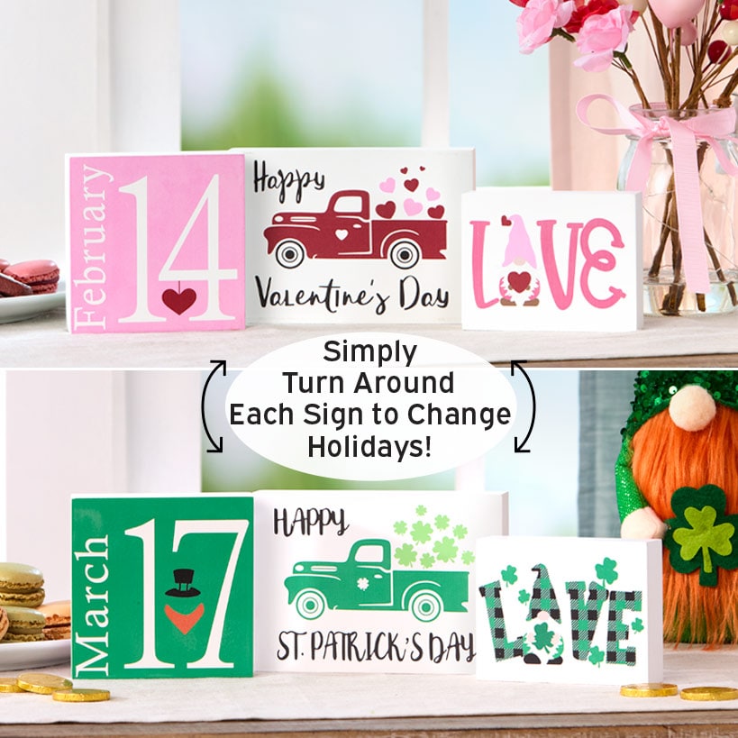 Valentine's and St Patrick's Two-in-One Block Signs-3 Pc Set