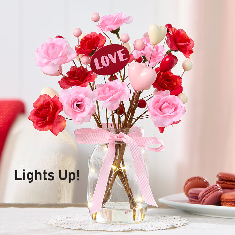 Valentine's Fairy Light Vase With Heart and Flower Bouquet