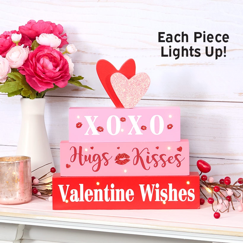 Valentine's Lighted Stacked Pink And Red Block Sign With Message