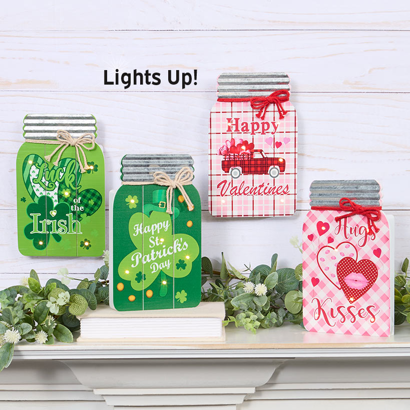 Valentine's and St Patrick's Lighted Mason Jar Wall Plaque With Saying
