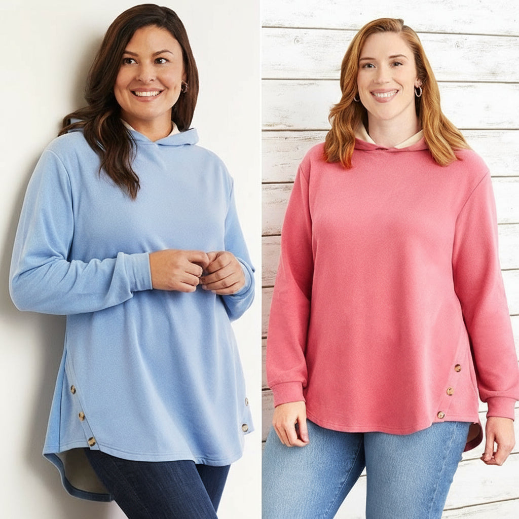 Women's Long-Sleeve Hooded Pullover with Decorative Buttons