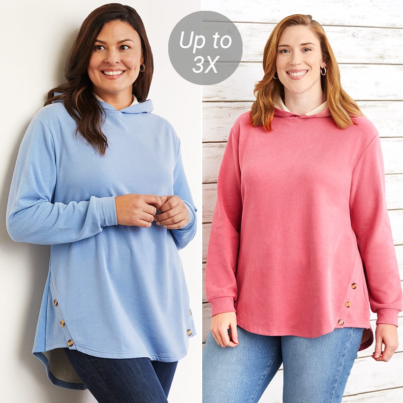Women's Long-Sleeve Hooded Pullover with Decorative Buttons