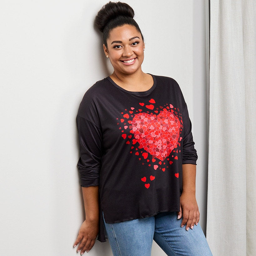 Valentine's Day Heart Long Sleeve T Shirt Black