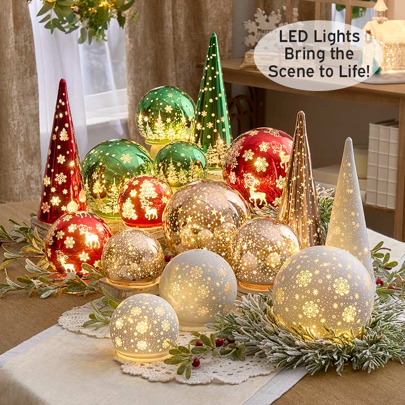 Set of 3 Holiday Light Cast Glass Globes