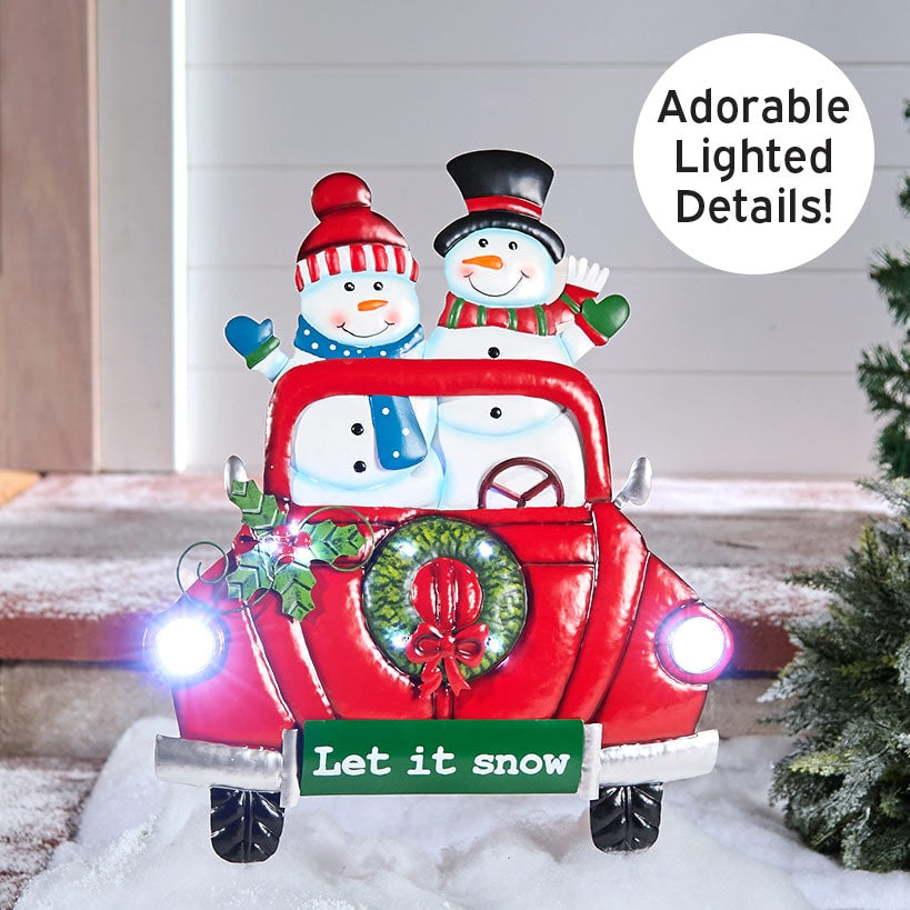 Lighted LED Let It Snow Snowman Red Truck Yard Stake
