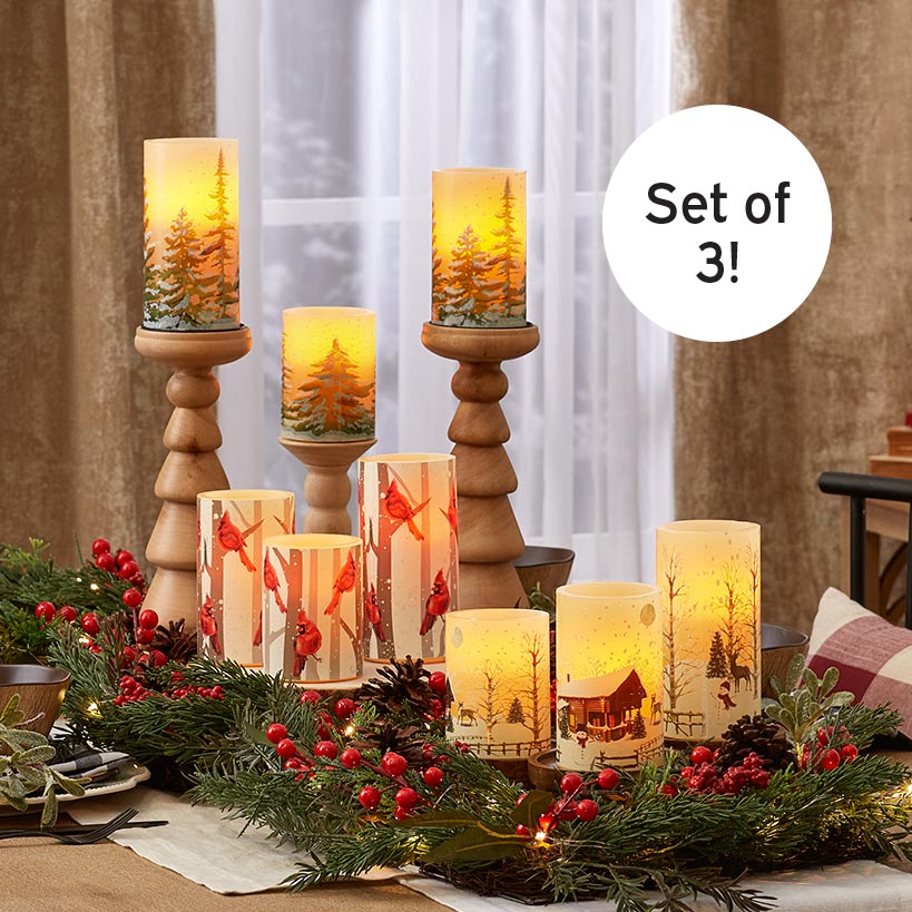 Flameless Flickering LED Candles with Winter Art- Set of 3