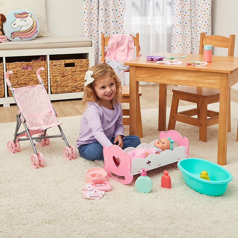 Kids' 12" Baby Doll Play Set - Movable Doll with Stroller and Bathtub