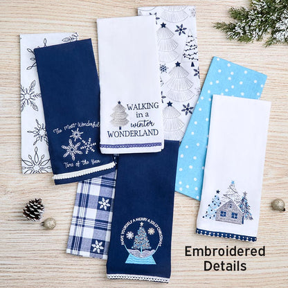 Set of 2 Blue Christmas Embroidered Kitchen Towels
